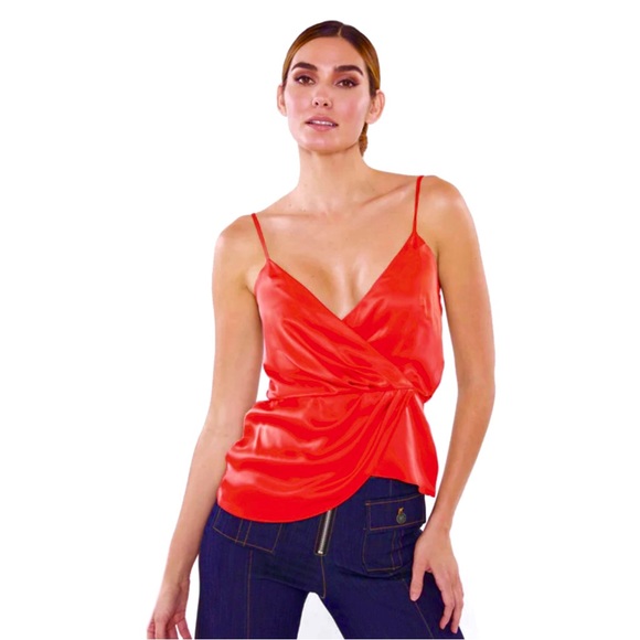 NEW CINQ A SEPT RED DRAPED SILK TOP - Picture 1 of 8